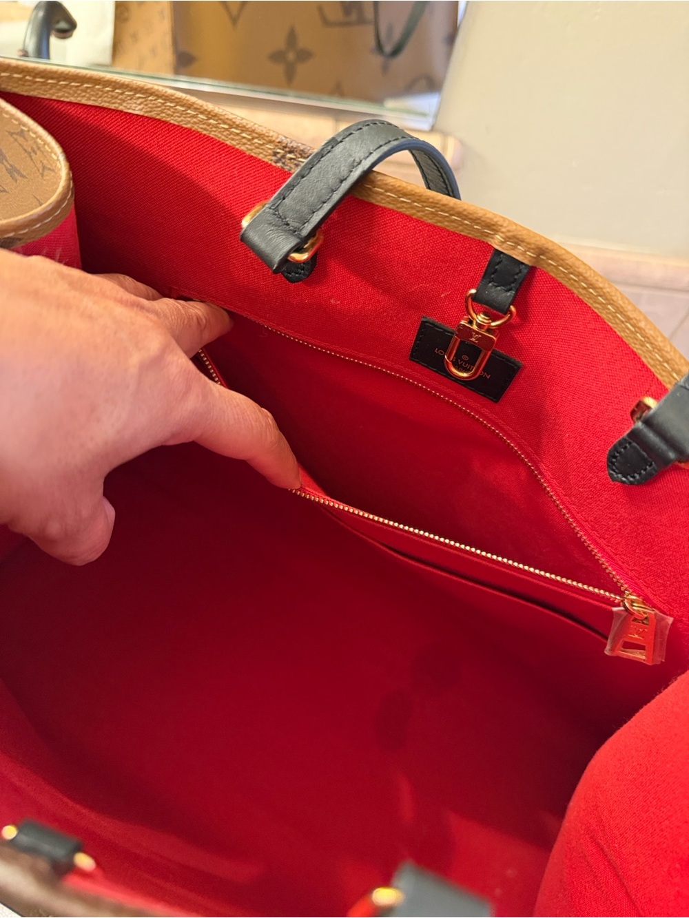 Louis Vuitton Monogram Canvas Tote with Black Straps and Red Interior - Picture 10 of 12